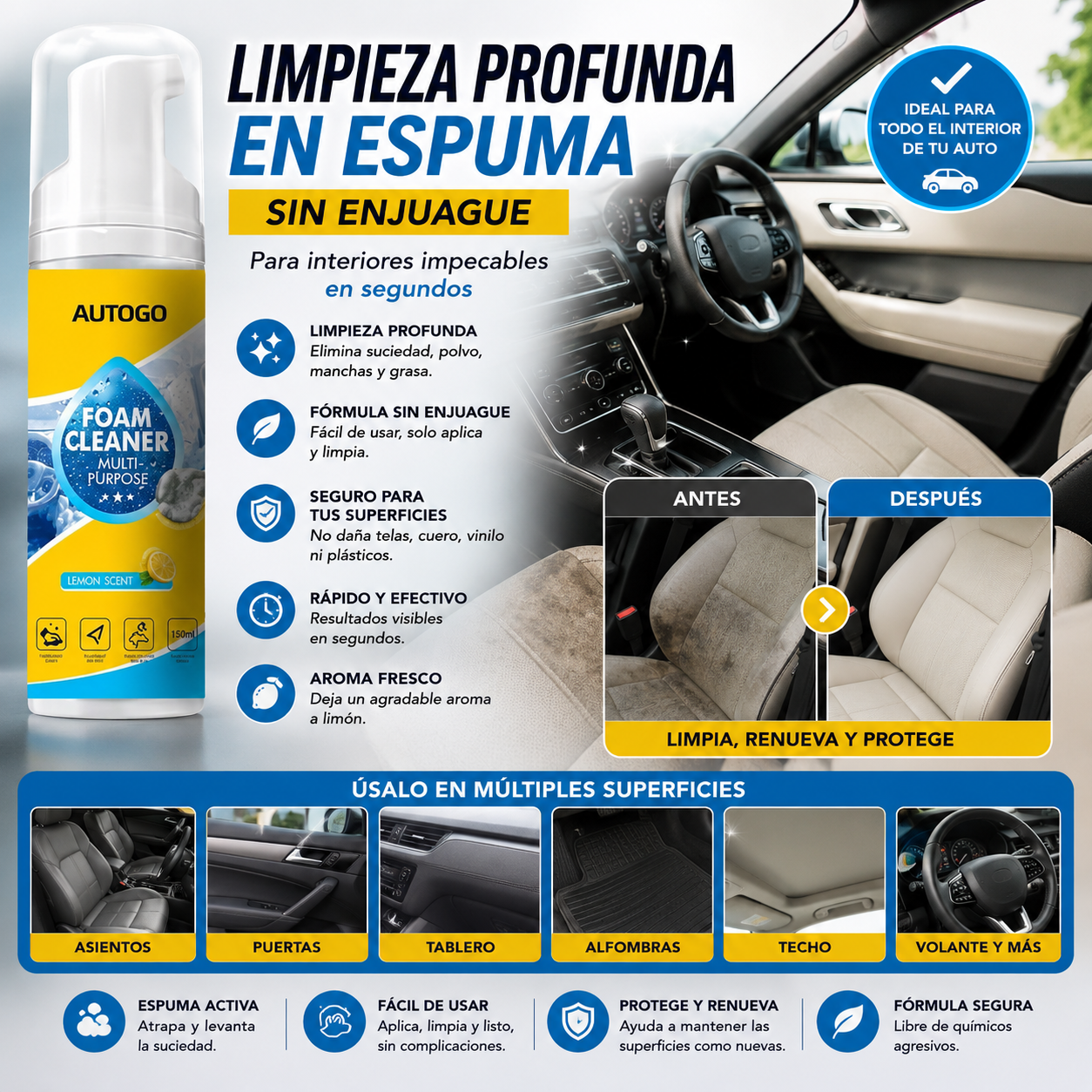 AUTOCLEAN™ – Limpiador en Espuma Multiusos para Autos